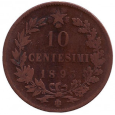 Умберто I. Монета 10 чентезимо. 1893 рік, Італія. “BI“