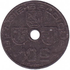10 сантимів. 1942 рік, Бельгія (Belgie-Blgique).