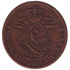 Монета 2 сантима. 1905 рік, Бельгія. (Der Belgen)