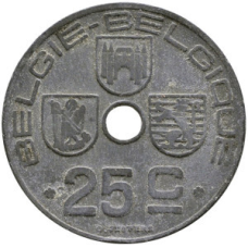 25 сантимів. 1942 рік, Бельгія. (Belgique-Belgie)