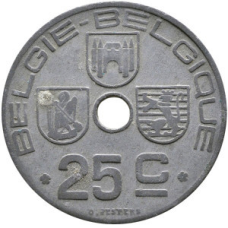 25 сантимів. 1943 рік, Бельгія. (Belgie-Belgique)