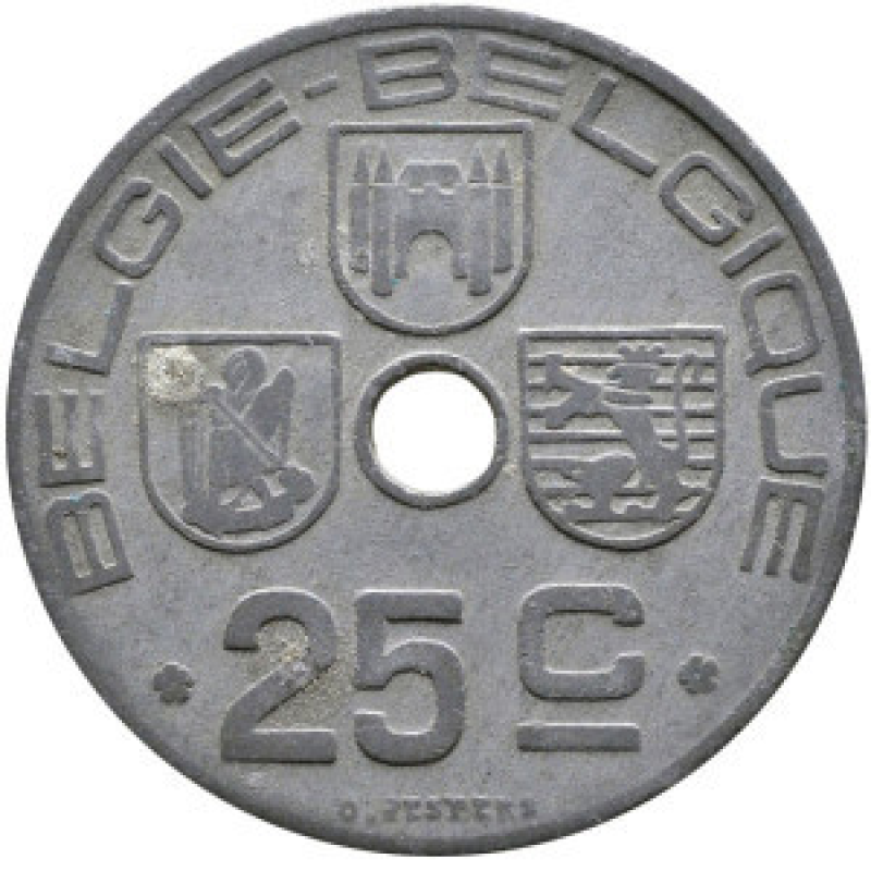 25 сантимів. 1943 рік, Бельгія. (Belgie-Belgique) 25 сантимів. 1943 рік, Бельгія. (Belgie-Belgique)