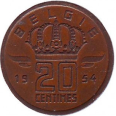 Монета 20 сантимів. 1954 рік, Бельгія. (Belgie)