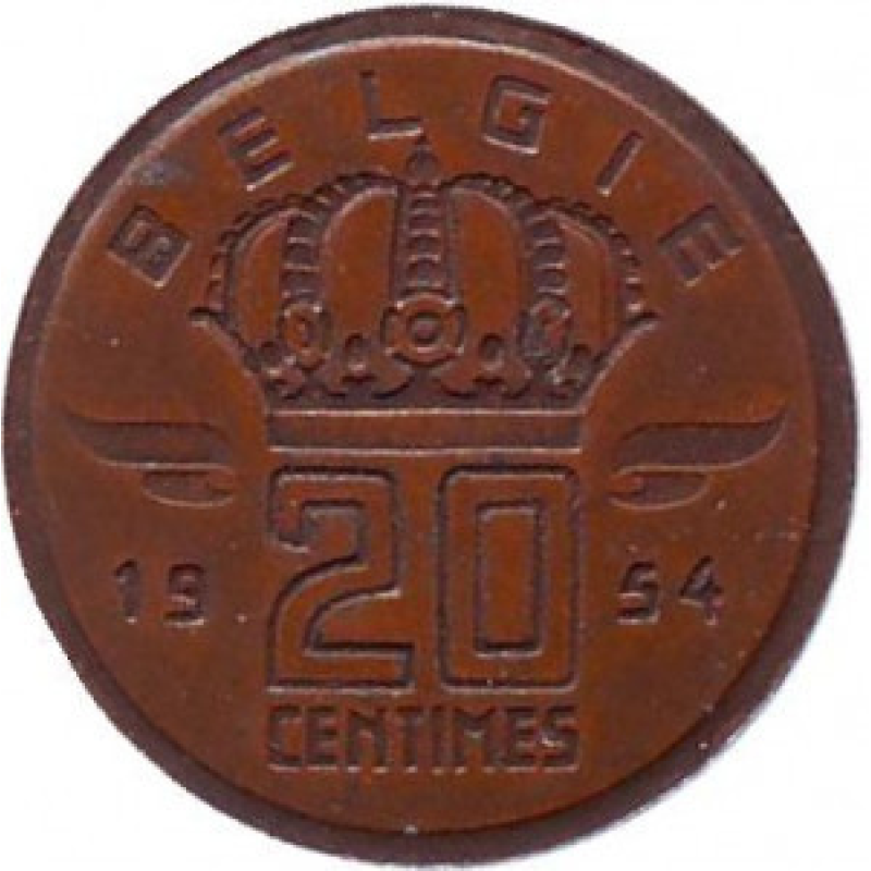 Монета 20 сантимів. 1954 рік, Бельгія. (Belgie) Монета 20 сантимів. 1954 рік, Бельгія. (Belgie)