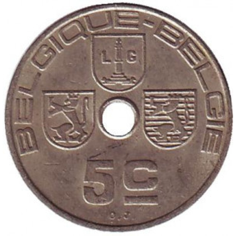 5 сантимів. 1938 рік, Бельгія.