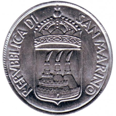 Дівчина з національним прапором. Монета 1 ліра. 1973 рік, Сан-Марино. UNC