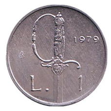 Меч. Інституційні органи держави. Монета 1 ліра. 1979 рік, Сан-Марино. UNC