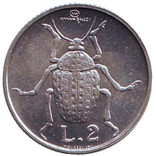 Жук. Монета 2 ліри. 1974 рік, Сан-Марино. UNC