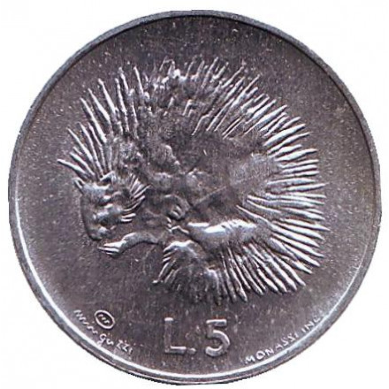 Дикобраз. Монета 5 лір. 1974 рік, Сан-Марино.UNC