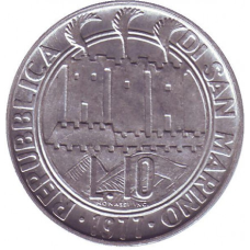Монета 10 лір. 1977 рік, Сан-Марино.UNC