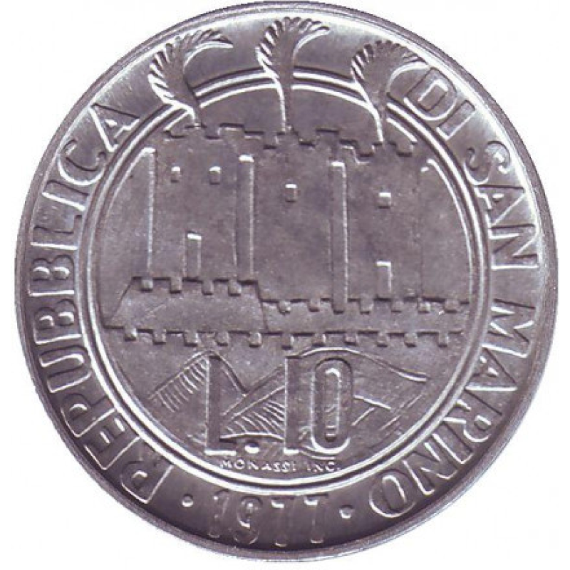 Монета 10 лір. 1977 рік, Сан-Марино.UNC Монета 10 лір. 1977 рік, Сан-Марино.UNC