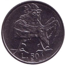 Півень. Монета 50 лір. 1974 рік, Сан-Марино.. UNC