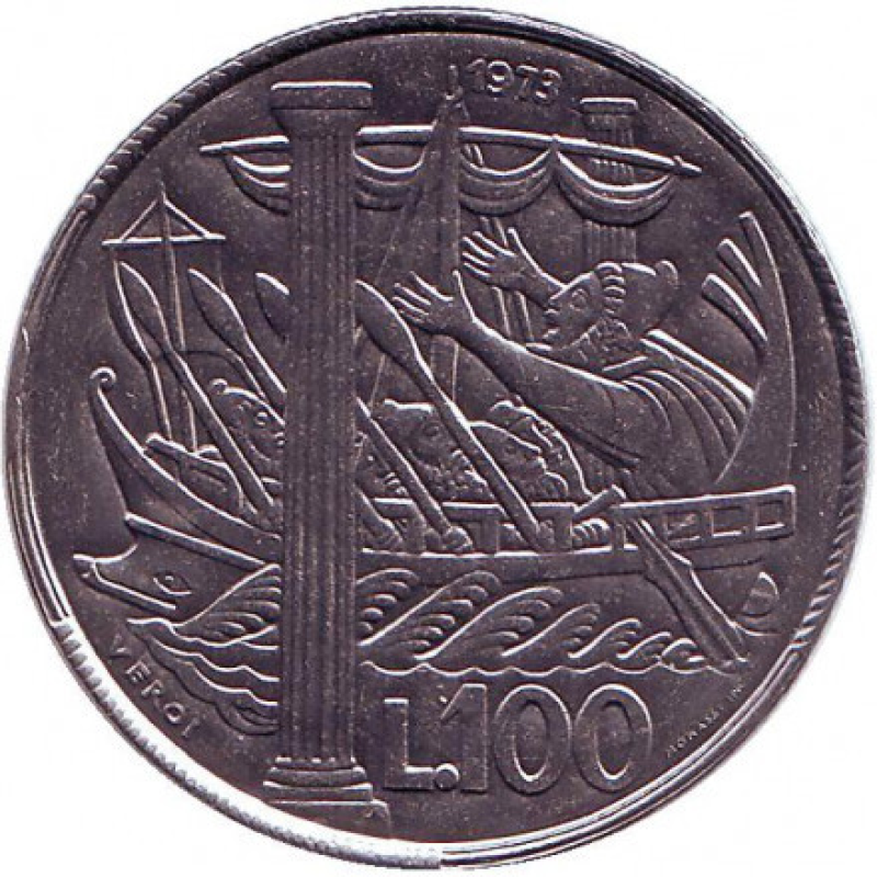 Улісс і Геркулесові стовпи. Монета 100 лір. 1973 рік, Сан-Марино.UNC Улісс і Геркулесові стовпи. Монета 100 лір. 1973 рік, Сан-Марино.UNC