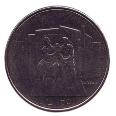 Сім“я з дитиною. Монета 100 лір. 1976 рік, Сан-Марино.UNC